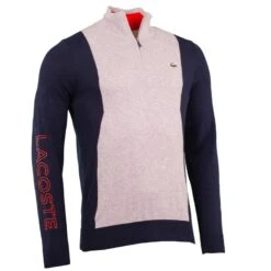 Lacoste Sport Breathable Knit Quarter Zip Sweater Silver Chine/Navy -Teepeg Store 150945228