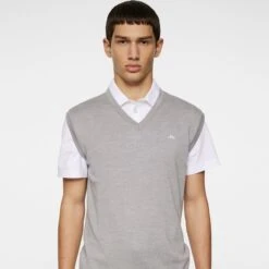 J.Lindeberg J Lindeberg Liam Knitted Mens Tour Merino Golf Vest Light Grey Melange -Teepeg Store GMKW11843 U199 12