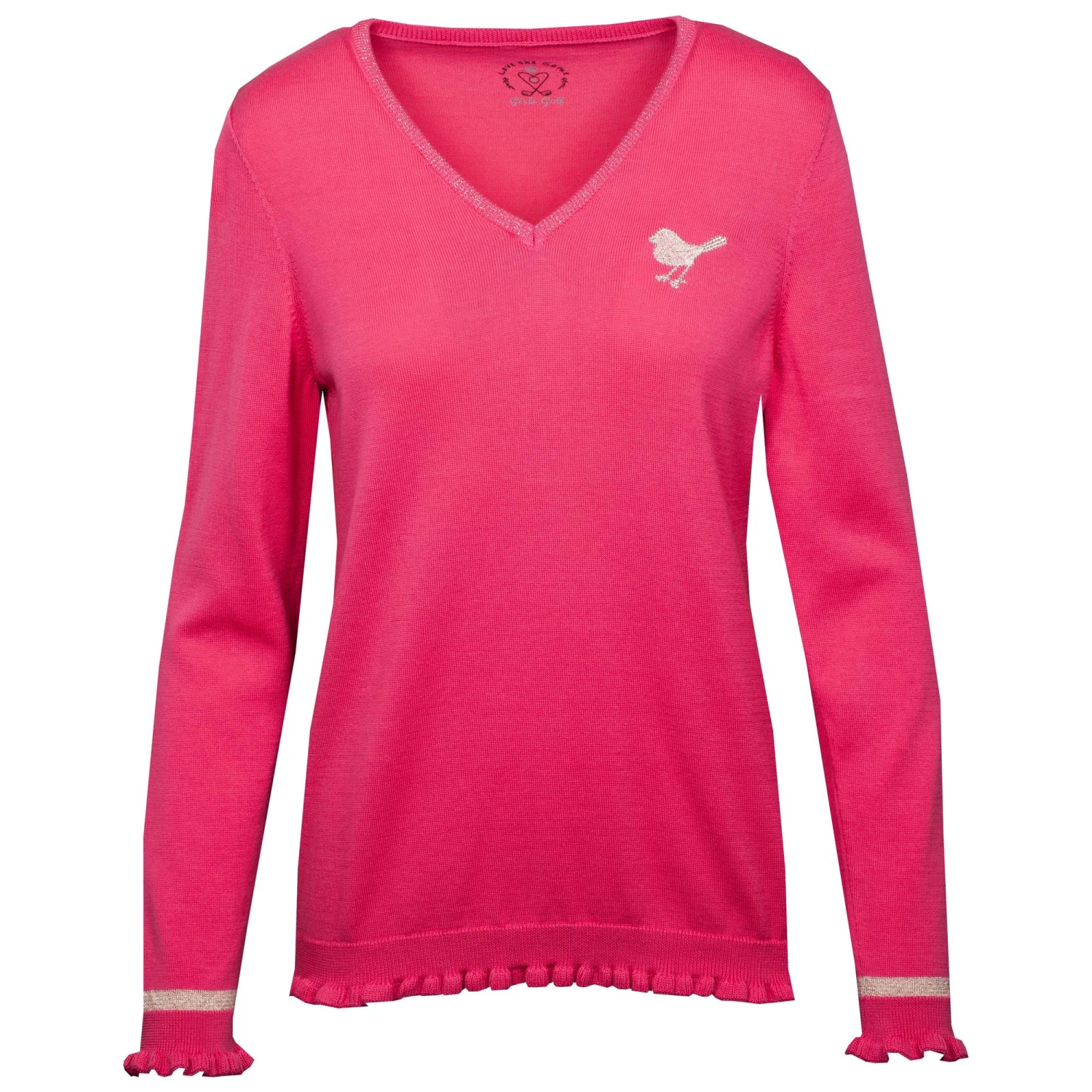 Girls Golf Ruffle Knit V Neck Jumper Pink 3 Girls Golf Ruffle Knit V Neck Jumper Pink