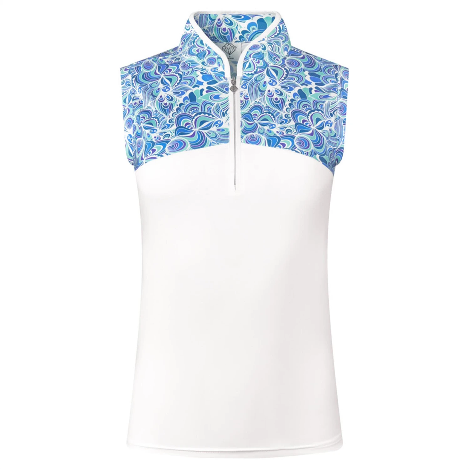 Pure Golf Harmony Ladies Sleeveless Golf Polo Shirt Peacock Swirl 3 Pure Golf Harmony Ladies Sleeveless Golf Polo Shirt Peacock Swirl
