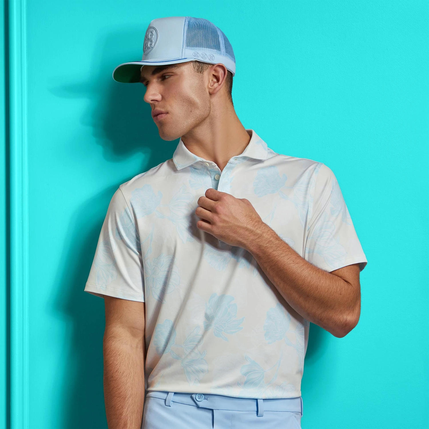 G/FORE Stamped Floral Tech Jersey Mens Golf Polo Shirt Stone 4 G/FORE Stamped Floral Tech Jersey Mens Golf Polo Shirt Stone - Image 2