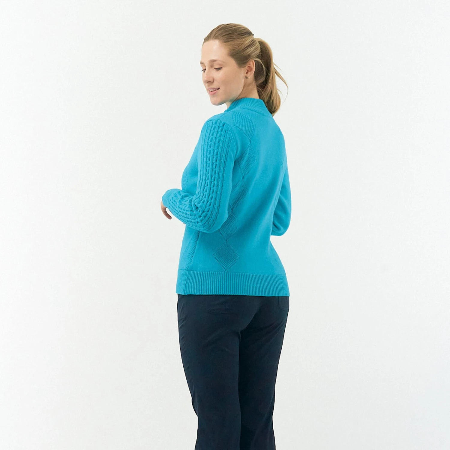 Pure Golf Sorrell Cable Knit Lined Ladies Golf Jumper Tourmaline Blue 8 Pure Golf Sorrell Cable Knit Lined Ladies Golf Jumper Tourmaline Blue - Image 6