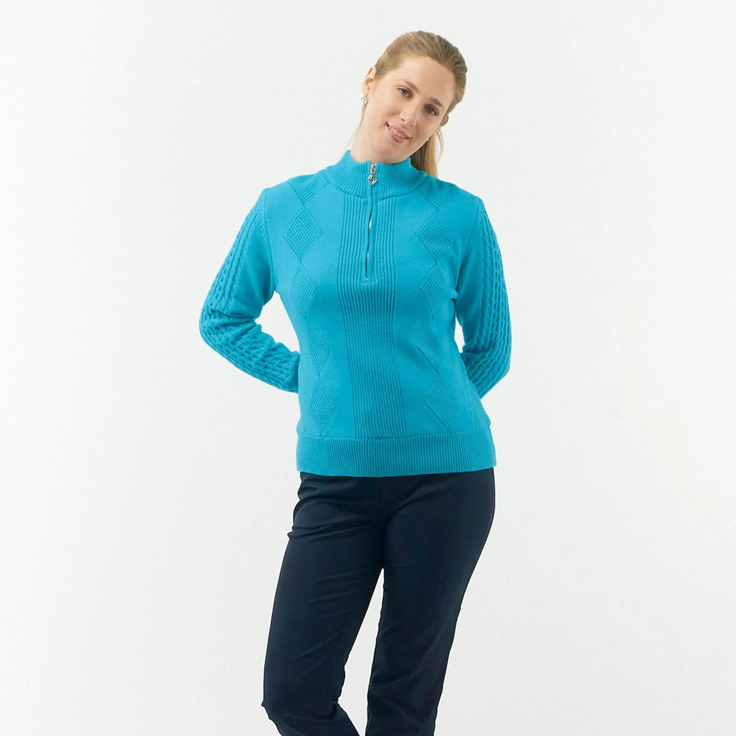 Pure Golf Sorrell Cable Knit Lined Ladies Golf Jumper Tourmaline Blue 15 Pure Golf Sorrell Cable Knit Lined Ladies Golf Jumper Tourmaline Blue - Image 13