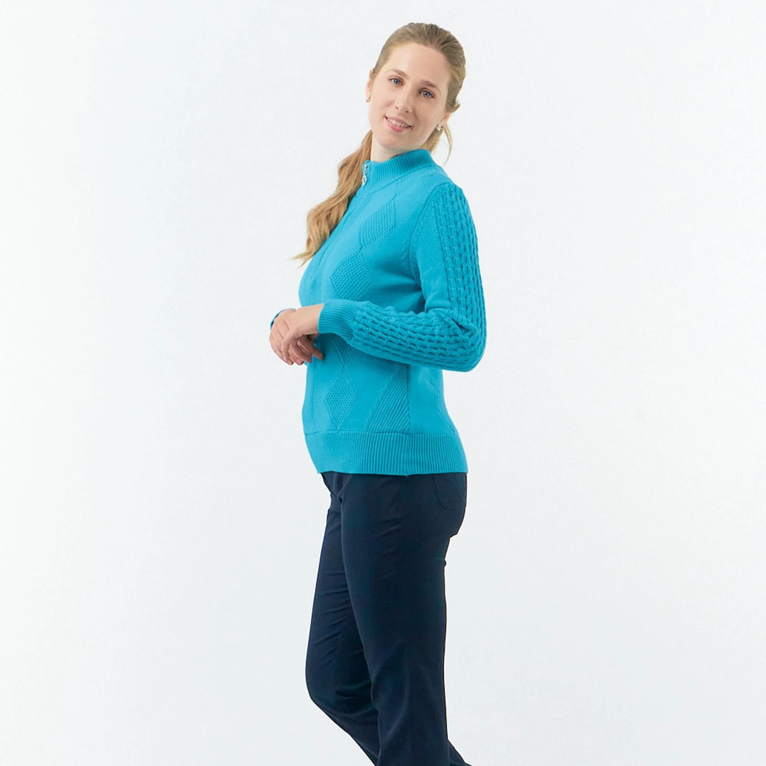 Pure Golf Sorrell Cable Knit Lined Ladies Golf Jumper Tourmaline Blue 16 Pure Golf Sorrell Cable Knit Lined Ladies Golf Jumper Tourmaline Blue - Image 14