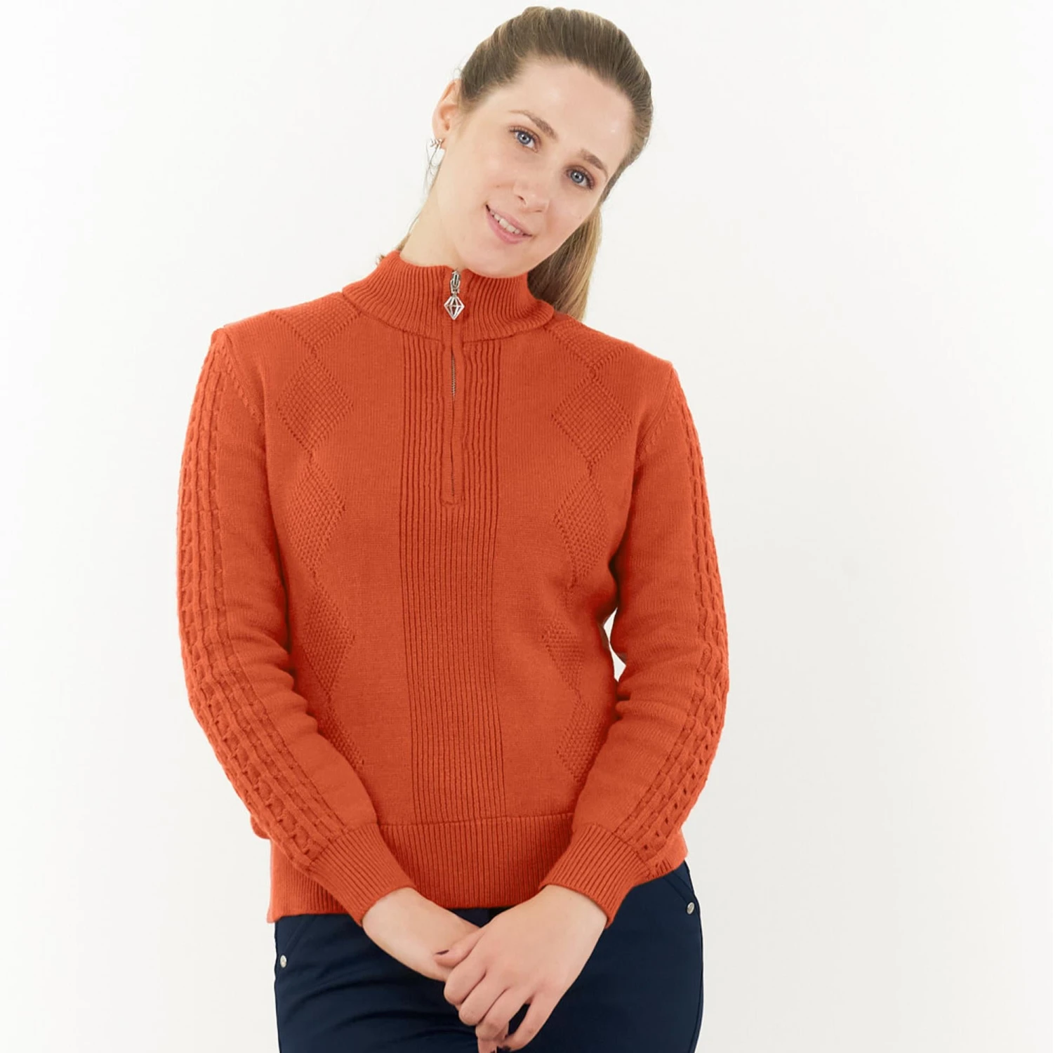 Pure Golf Sorrell Cable Knit Lined Ladies Golf Jumper Ember Orange 6 Pure Golf Sorrell Cable Knit Lined Ladies Golf Jumper Ember Orange - Image 4