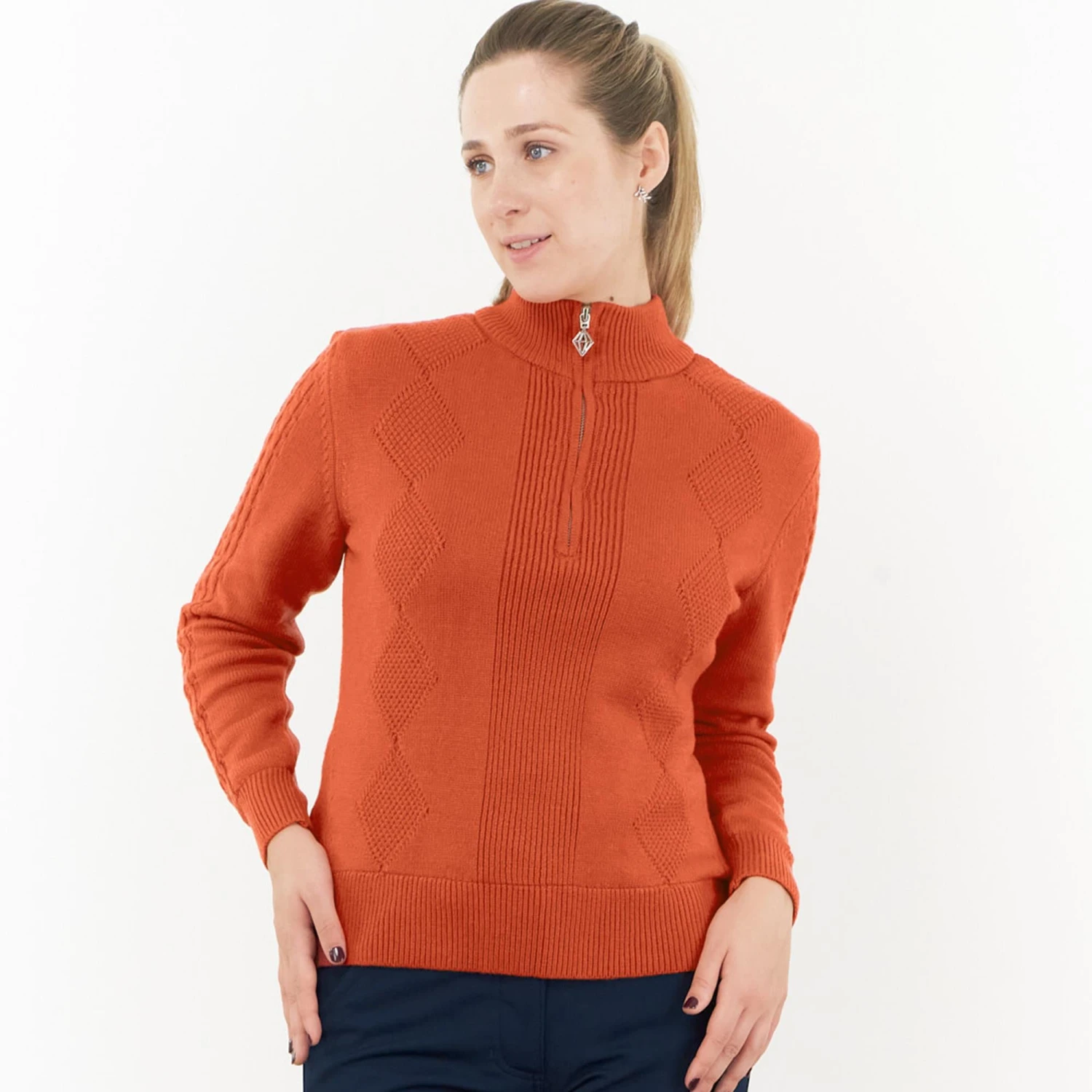 Pure Golf Sorrell Cable Knit Lined Ladies Golf Jumper Ember Orange 8 Pure Golf Sorrell Cable Knit Lined Ladies Golf Jumper Ember Orange - Image 6