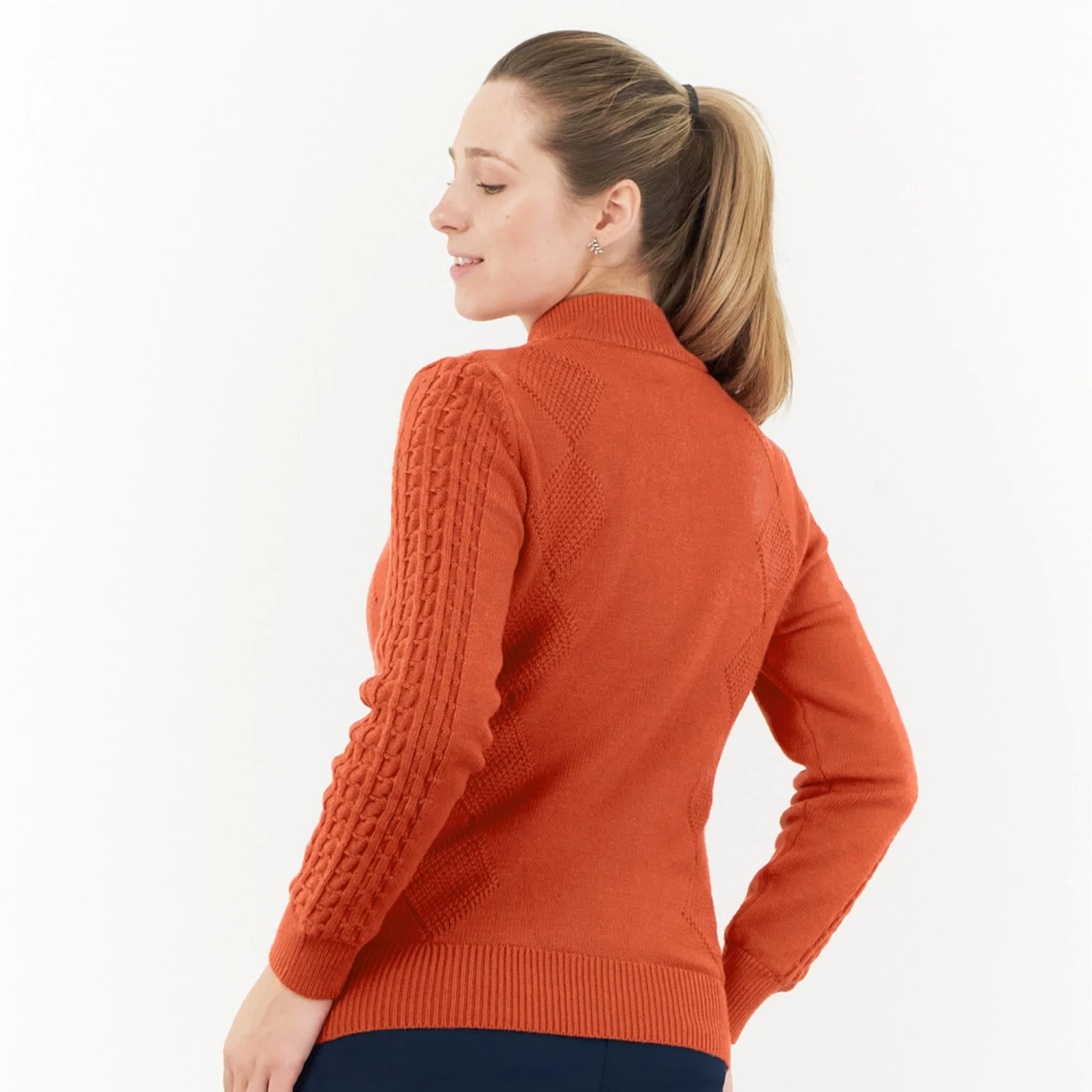 Pure Golf Sorrell Cable Knit Lined Ladies Golf Jumper Ember Orange 9 Pure Golf Sorrell Cable Knit Lined Ladies Golf Jumper Ember Orange - Image 7