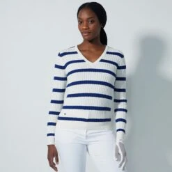 Daily Sports Striped Madelene Knitted Ladies Golf Sweater Power Blue -Teepeg Store image450478049